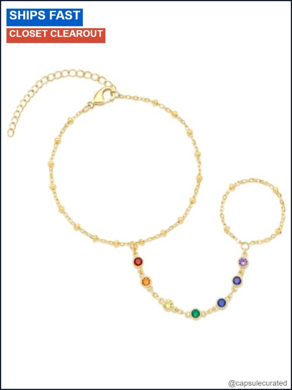 14K Gold Plated Hand Chain Bracelet 7 Chakra Bead Chain Women's Jewelry